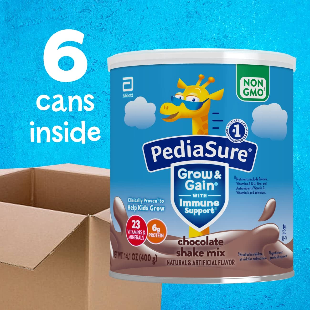 PediaSure Grow & Gain with Immune Support Shake Mix Powder,Kids Shake,23 Vitamins and Minerals,6g Protein,Helps Kids Catch Up On Growth,Non-GMO,Gluten-No,Chocolate,14.1-oz Can,3 Cans—24 Servings - Image 9